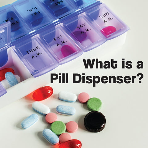 A weekly pill dispenser with two compartments available for each day for addiing morning and evening pills to. There are also some pills scattered on the table top and the words – What is a Pill Dispenser? – can be seen