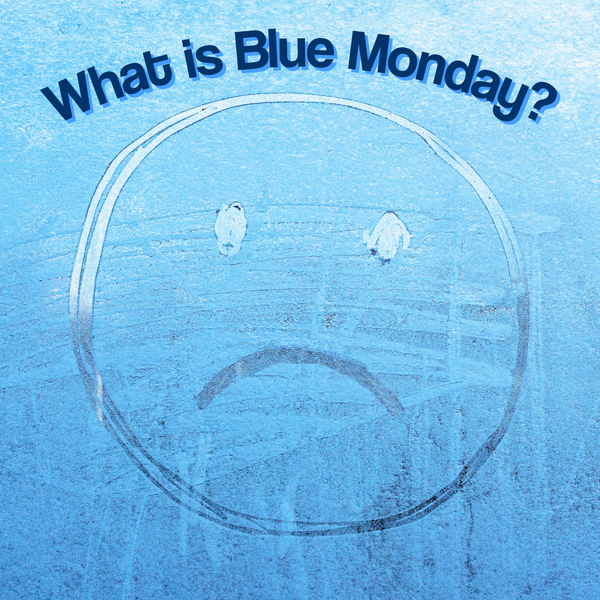 Text reading "What is Blue Monday?" above sad face drawn in the condensation of a window