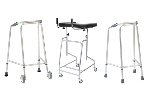 3 Zimmer frames – one without wheels, one with 2 wheels and one with 4 wheels