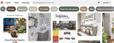 the image shows a search for decorating ideas on pinterest