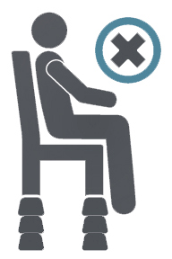 A stickman is sitting on a chair, side view on. The chair has several chair raisers under each chair foot, which shows that this is not the correct way to use such mobility aids