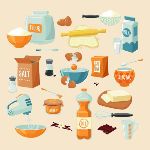A variety of different baking ingredients in shades of blue on orange on a pale yellow background