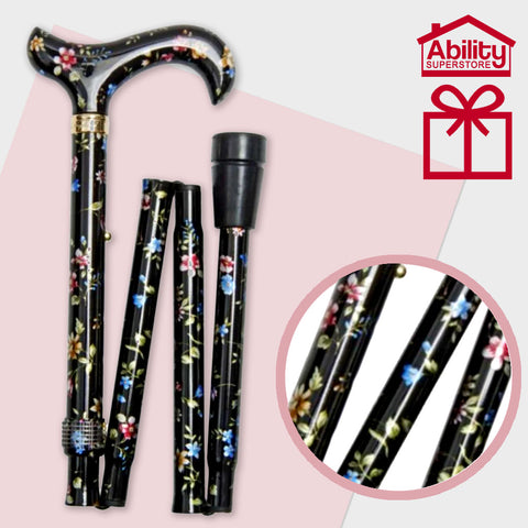 Classic Canes Folding Elite Adjustable Height, Patterned Walking Stick in the Black Floral