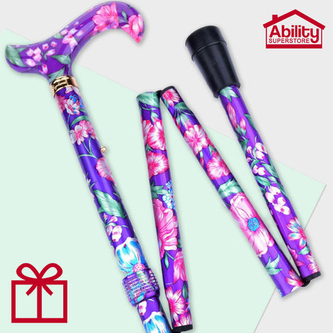 Classic Canes Folding Elite Adjustable Height, Patterned Walking Stick in Purple Floral