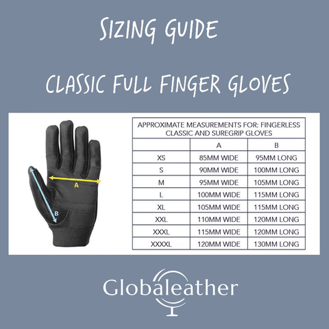 An image of a sizing guide for the classic full finger gloves