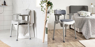 two photos of the swift commode chair, one in a bathroom and one in a toilet 