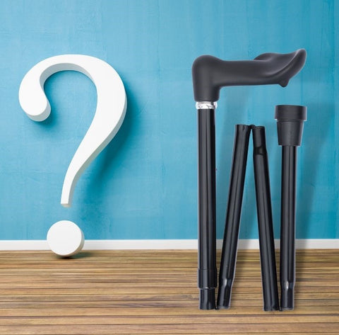 the image shows a big question mark next to a walking stick with a ferrule on it.