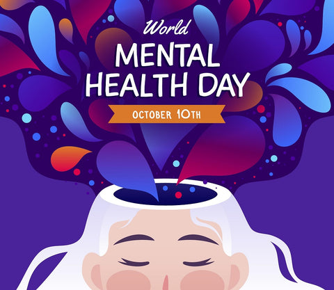 This is an illustration promoting World Mental Health Day 2022. It's an image of a blonde woman with different coloured blobs floating out of her open mind. She looks relaxed and content.