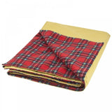 the image shows a fleece lined red and blue tartan blanket