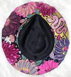 Black vegan hat with extra thick florals around crown