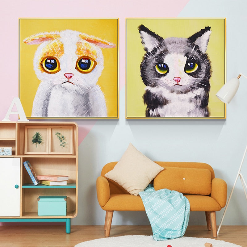 100% Hand Painted Cartoon Baby Cats Oil Painting On Canvas Wall Art Fr ...
