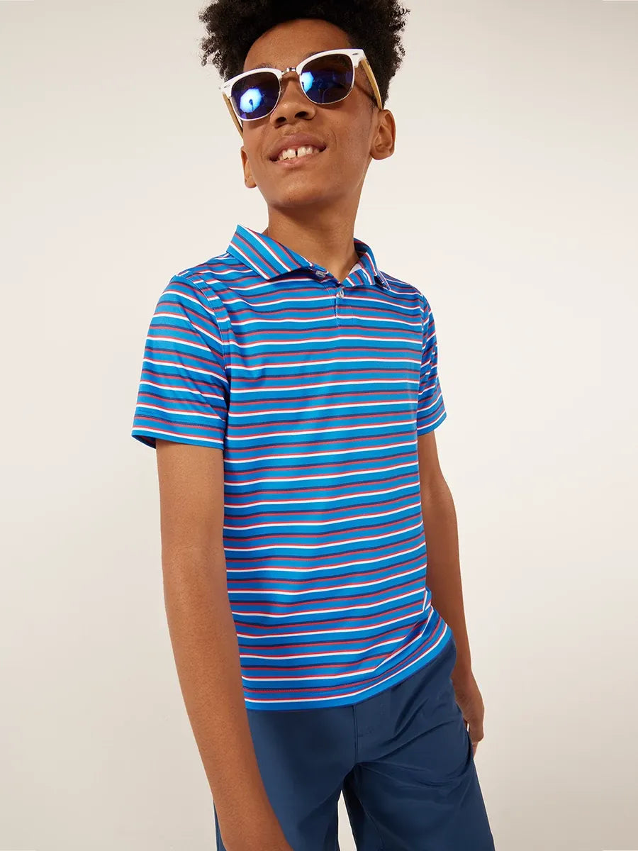 Chubbies The Red, Stripe & Cool Performance Polo Stretch Shirt in Bright Blue | Size XS