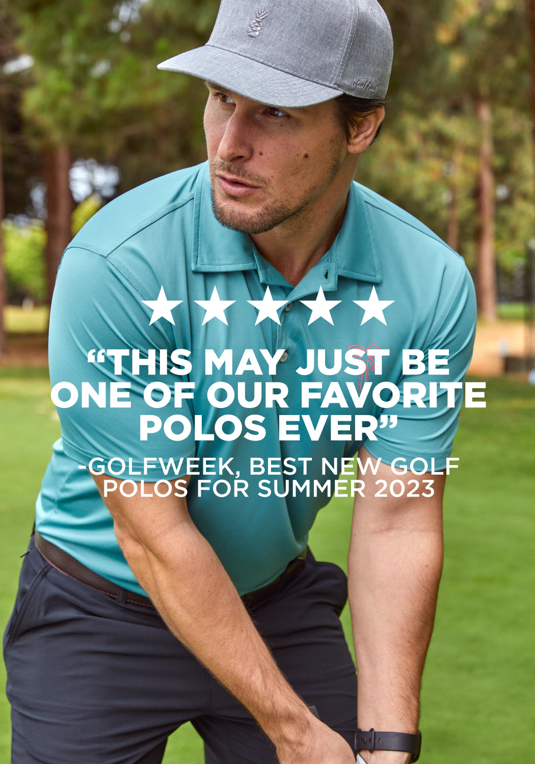 Man in polo on golf course with five starts and text " this may just be one of our favorite polos ever - Golfweek, best new golf polos for summer 2023"