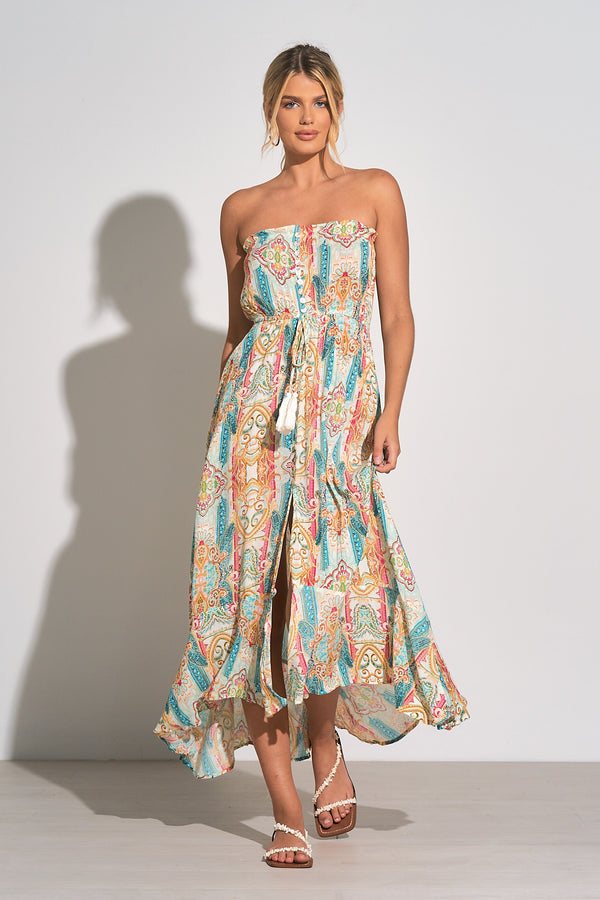 ELAN RUFFLED HEM STRAPLESS MAXI - BROWN MARRAKESH – CAllie Girl Boutique