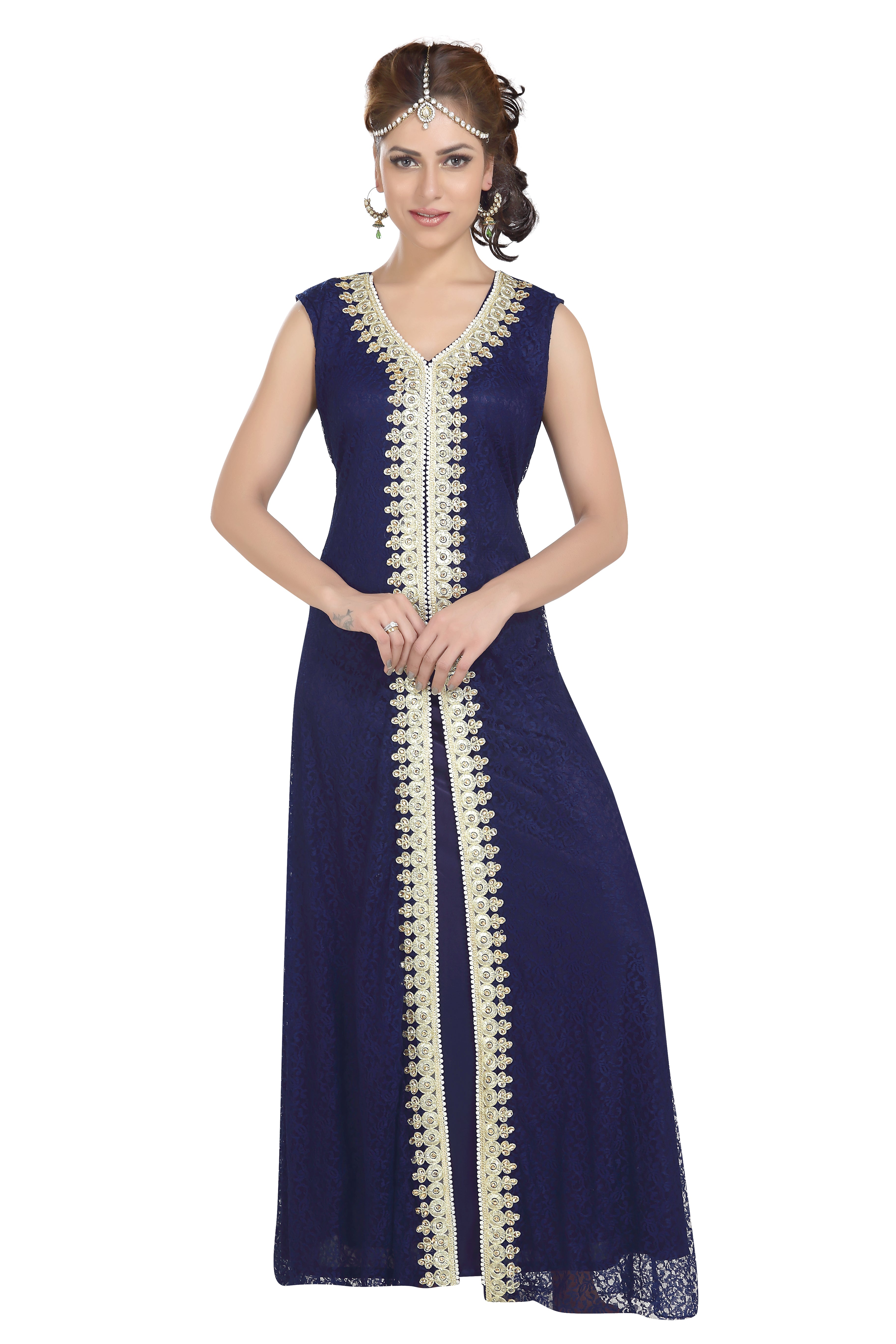 navy blue gown with golden work