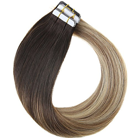 Youngsee 18 Inches Silk Straight Tape In Hair Extensions Real Hair Balayage Brown To Light Brown With Blonde 20pcs Dip Dyed Human Hair Extensions Tape