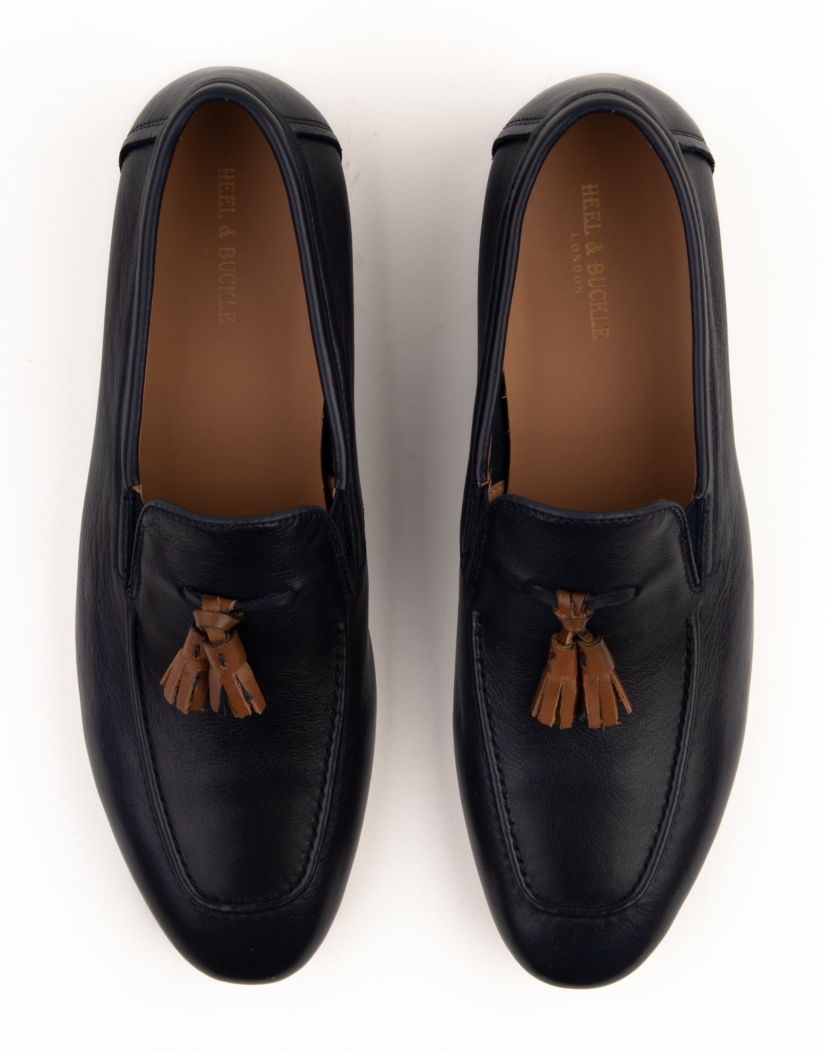 Navy Loafer with Tan Tassel – HEEL & BUCKLE LONDON