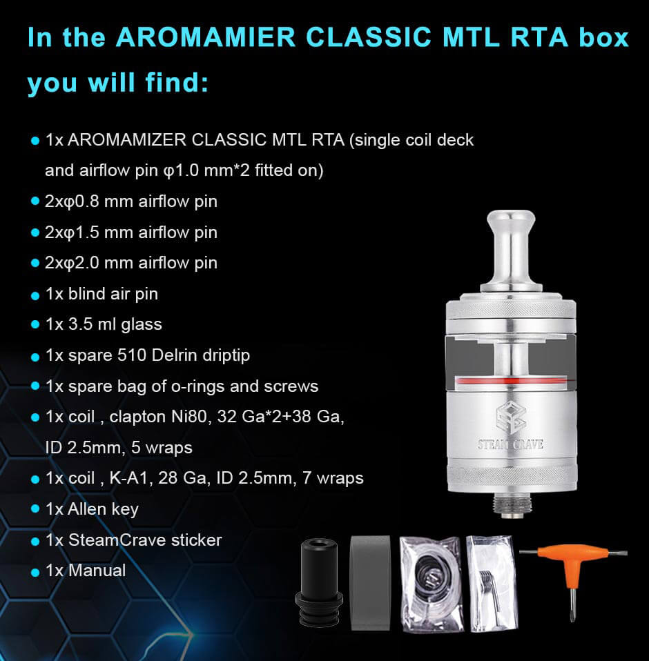 Steam Crave Aromamizer Classic MTL RTA-Package Contents