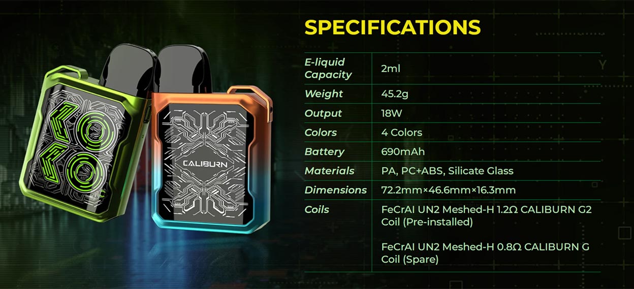 Uwell Caliburn GK2 Pod Ki - Specifications - Vapelink Vape Shop Australia