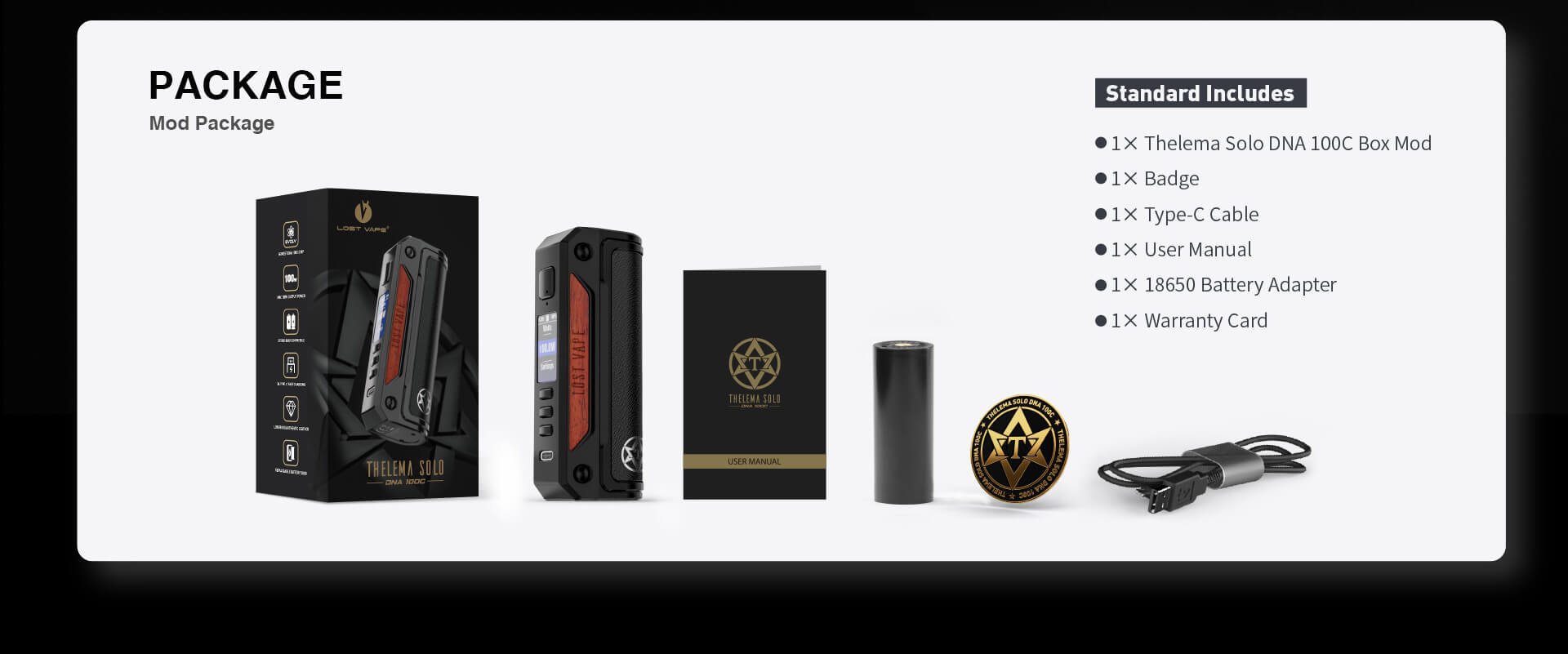 Lost Vape Thelema Solo DNA 100C Mod - Package Content - Vapelink Vape Shop Australia