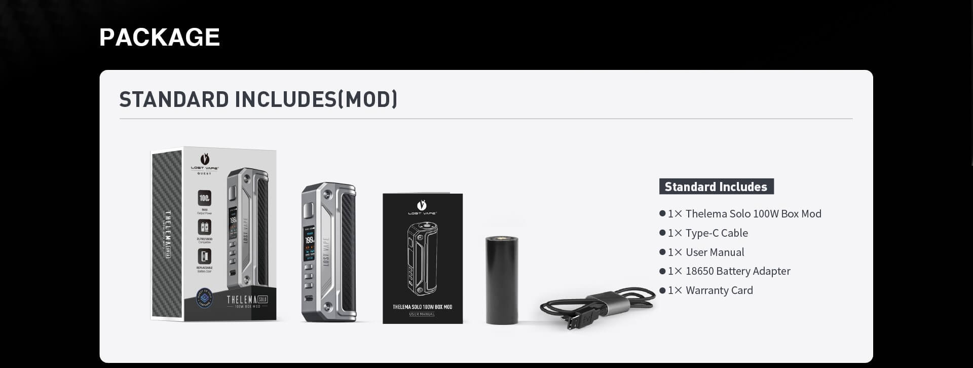 Lost Vape Thelema Solo Mod 100W-Package Contents