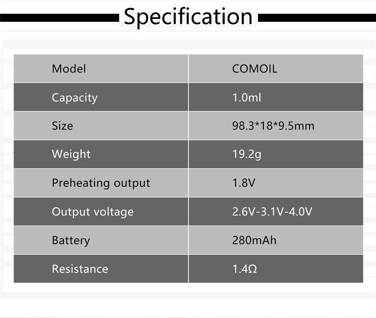 COMOIL Disposable Oil Vaporizer Device - Specifications