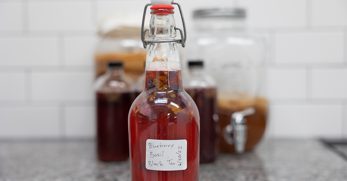 staged photo of blueberry kombucha