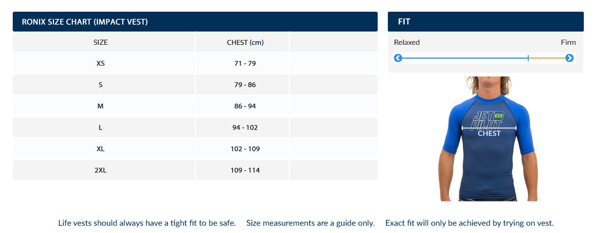 Ronix Impact Jacket Size Chart