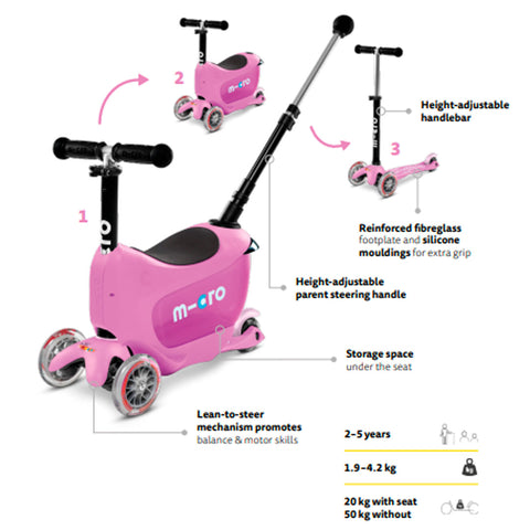 Key features of the Mini2Go Deluxe Plus ride on scooter