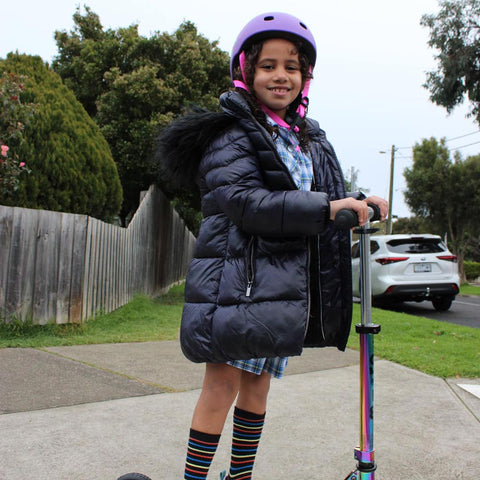 micro ambassador may's daughter riding her neochrome light up scooter