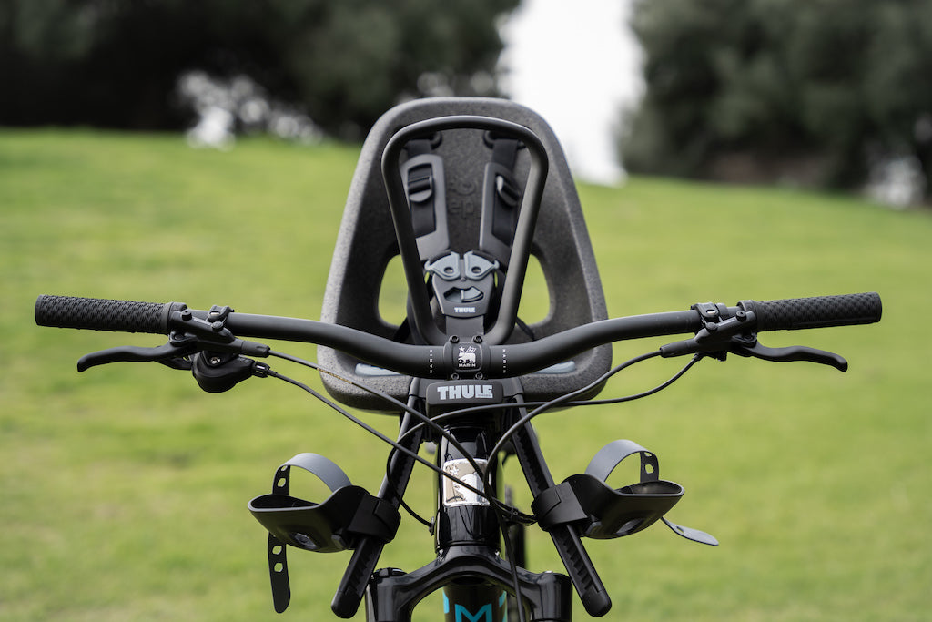 A Thule Yepp Nexxt Mini kids seat mounted to a Marin mountain bike