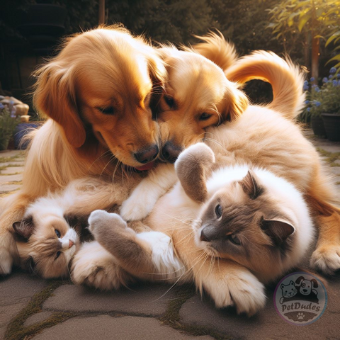 Goldens and cats playing