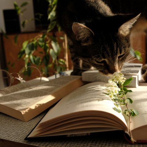 Cat sniffing catnip over an open book