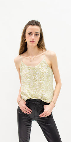 summer-tops-secondhand-tank-top-gold-sequins-with-faux-leather-pants-summer-style-front-facing