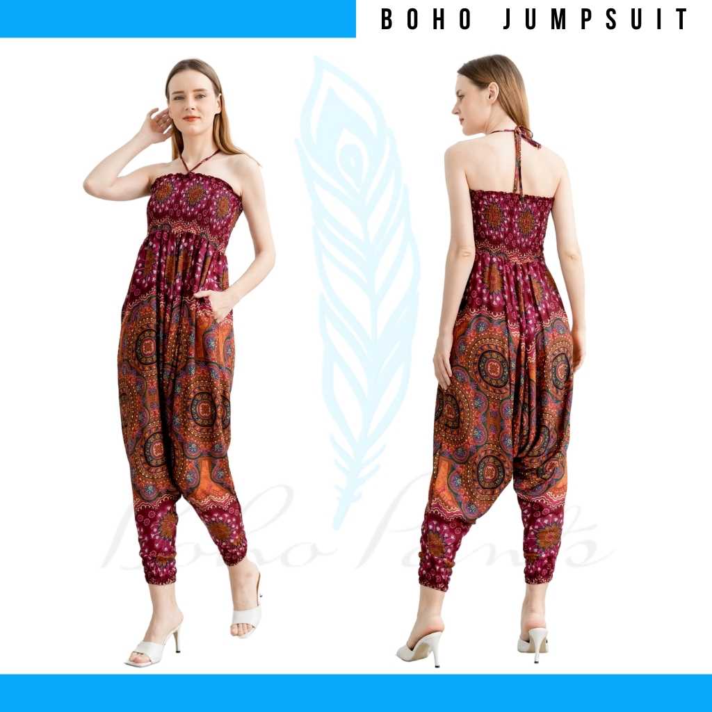 Mandala Flower Red Loose Fit Drop Crotch Boho Jumpsuit
