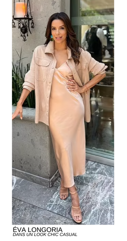 Eva Longoria in a chic casual look with a satin dress