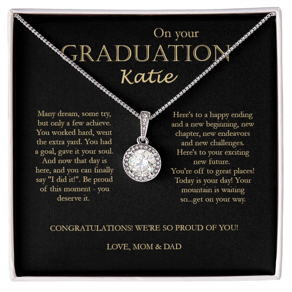 On Your Graduation – Katie – Congratulations – Love, Mom & Dad – Sweethearts Necklace, Grad Gift, Grad Necklace, Graduation Day, Gift For Daughter, Friend, Gift From Dad And Mom, Mom & Dad – Love Knot Necklace, Graduation Necklace Gift For Her