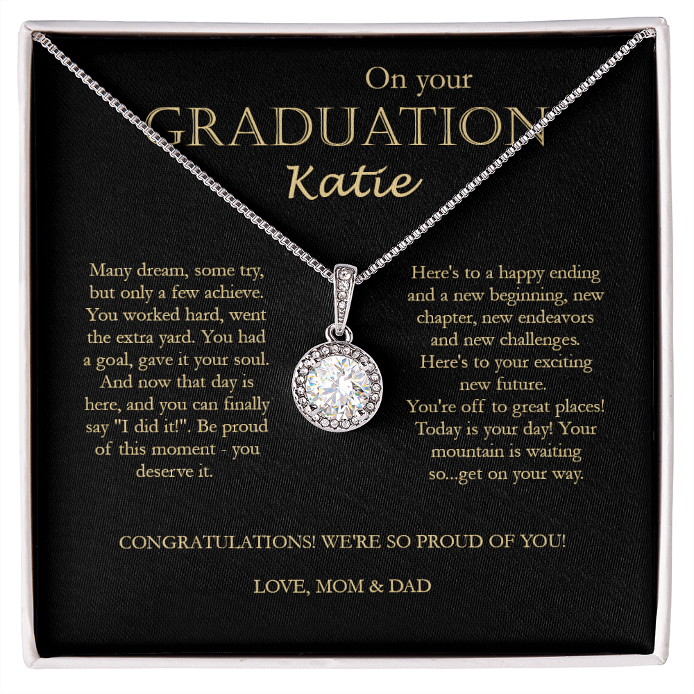 On Your Graduation – Katie – Congratulations – Love, Mom & Dad Love Knot Necklace, To A Beautiful Girl On Her Graduation Day, Graduation Necklace Gift For Her, Grad Necklace, Graduation Day, Gift For Daughter, Friend, Gift From Dad And Mom