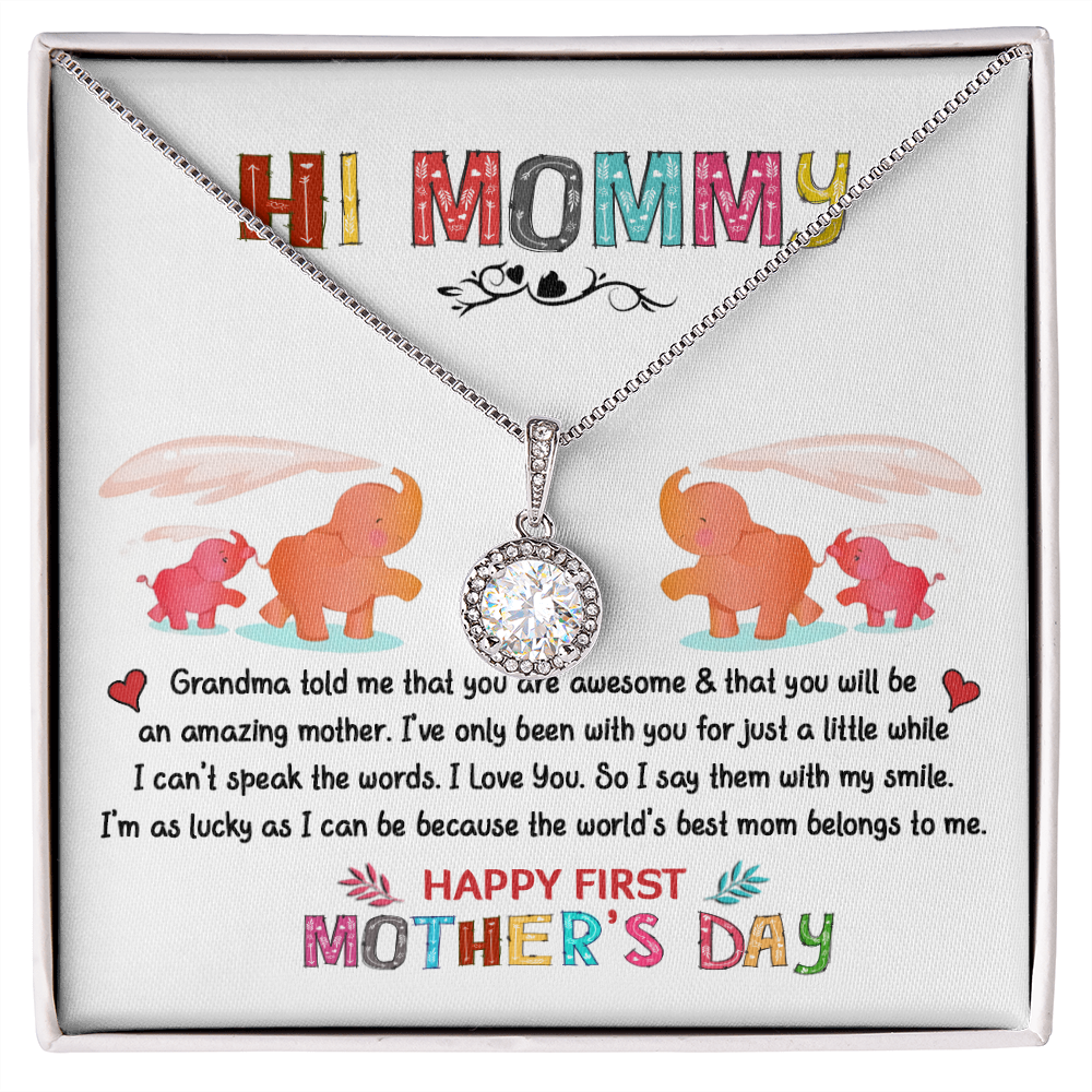 Hi Mommy – Grandma Told Me That You Are Awesome – Love Knot Necklace – Happy Mothers Day, Birthday Jewelry Gift, Holiday Gift From Grandmother, Grandma And Granddaughter Necklace, Granddaughter Christmas Gift, New Mom Necklace