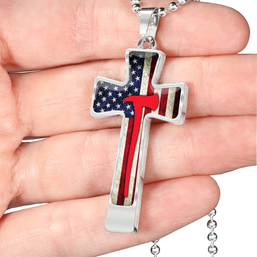 Firefighter Cross Necklace – Firefighter Red Line American Flag Cross Pendant with Military Ball Chain – Fire fighter Unique Cross necklaces-firefighter saint necklace