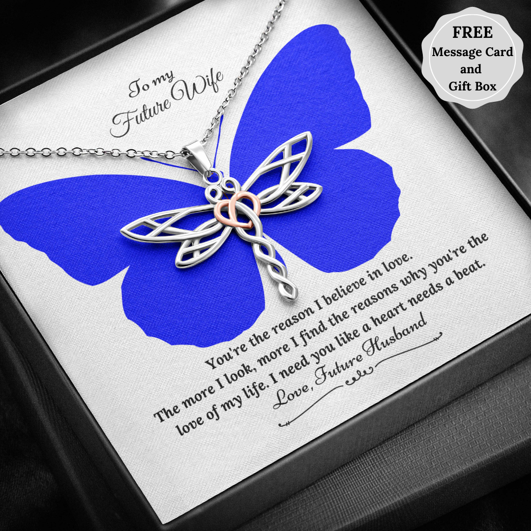 Dragonfly Necklace – Blue Butterfly & You’re The Reason – Gift for Future Wife from Future Husband