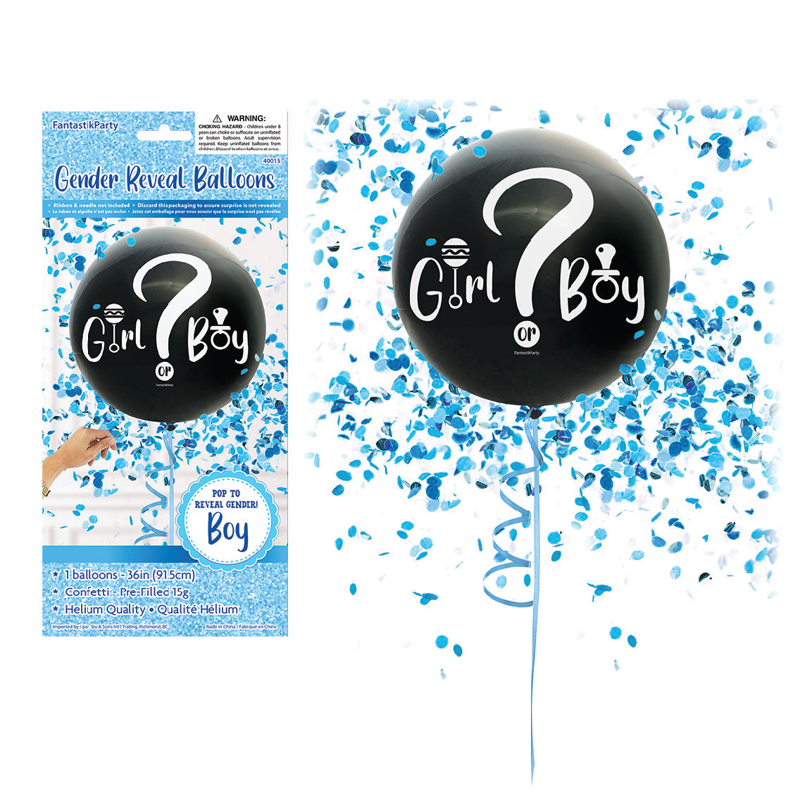 BALLOON HELIUM 36" GENDER REVEAL W/ CONFETTI BOY