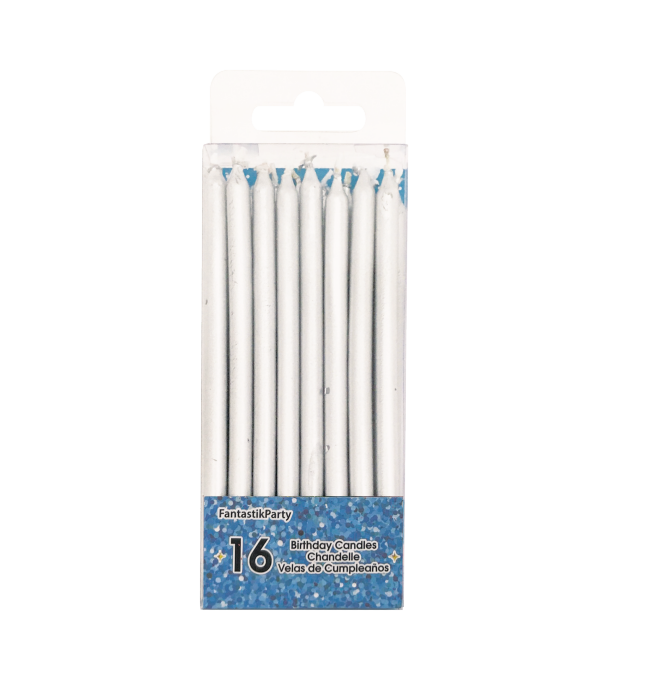 BIRTHDAY CANDLE TALL SILVER 16PCS