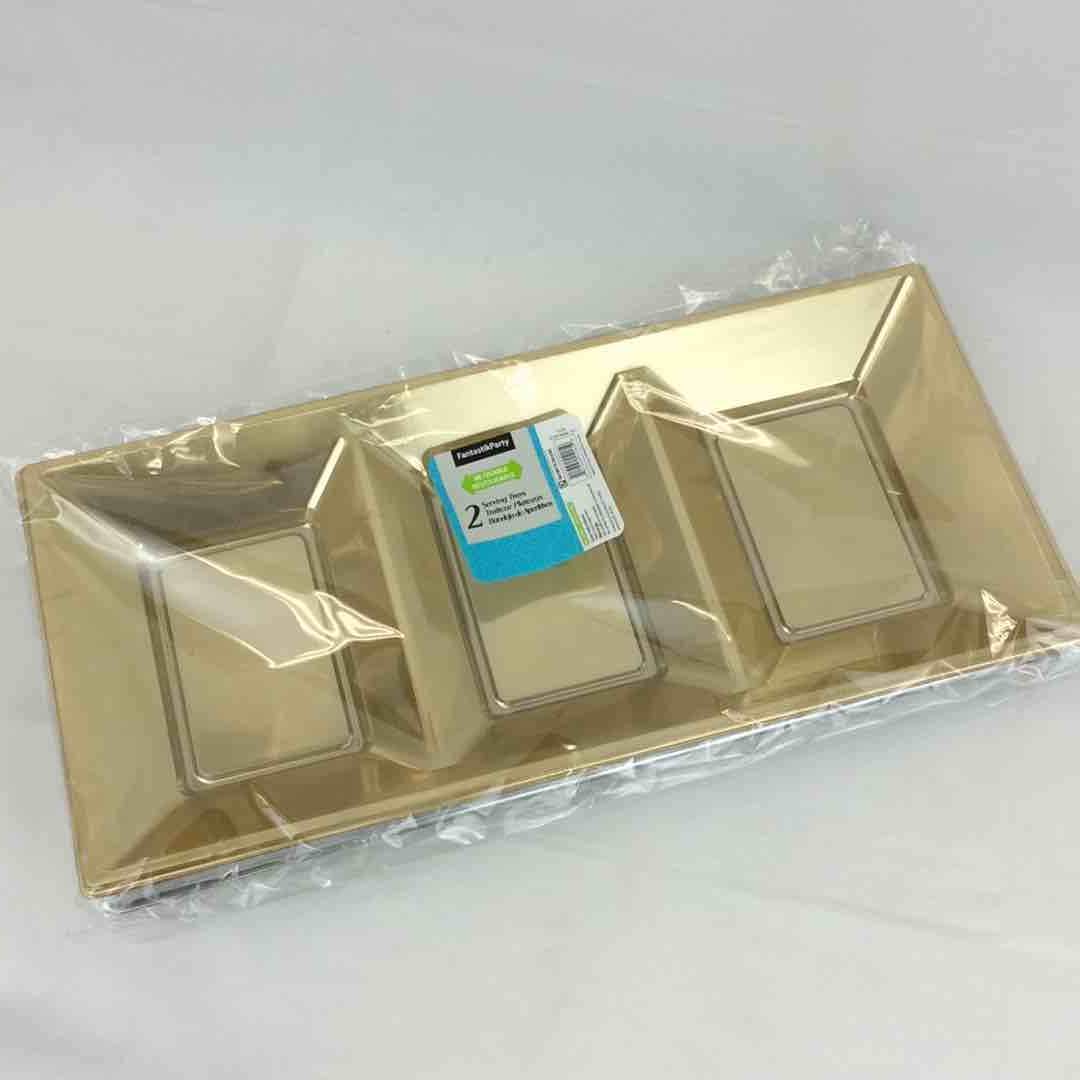 CATERING PLASTIC TRAYS 3-SECTION GOLD 2pcs