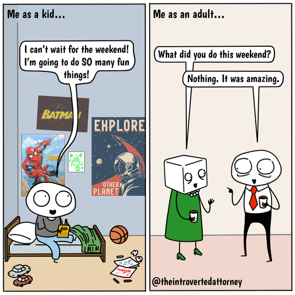 Funny and relatable comic for the lawyer who would enjoy nothing more than an uneventful weekend. Visit The Introverted Attorney for humorous and sarcastic lawyer comics, content, and gifts.