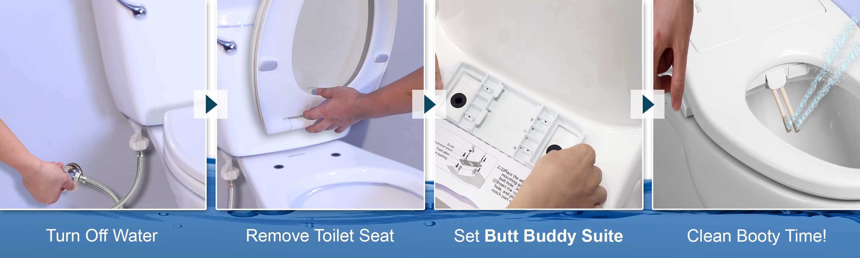 In My Bathroom (IMB) | Butt Buddy - Bidet Toilet Attachment - Fresh Water Sprayer - Easy to Install - Simple to Use - Turn Off Water - Remove Toilet Seat - Connect Bidet - Clean Booty Time - Product Banner - BBB