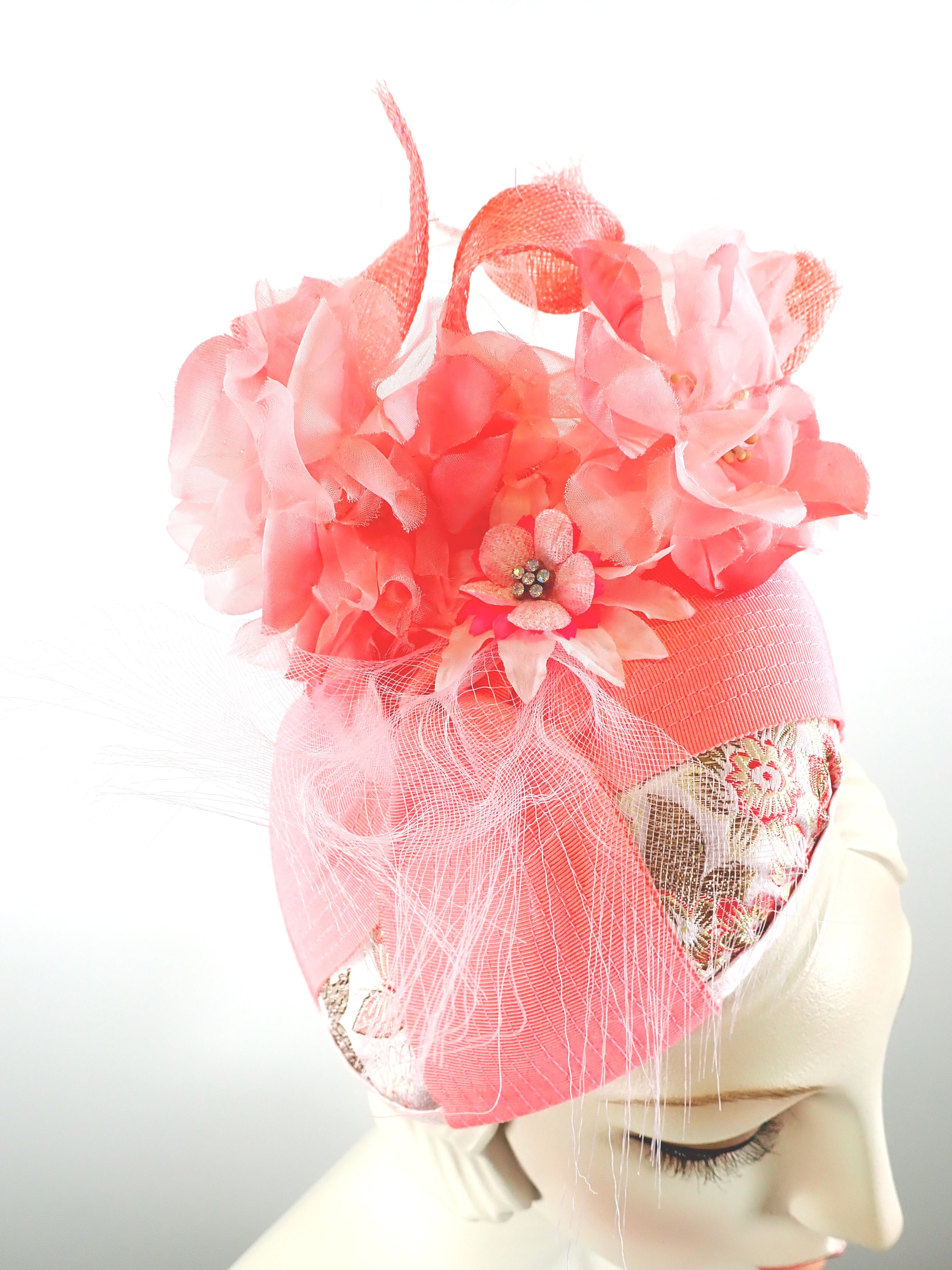 Women's Coral, and Pale Pink Ribbon and Sinamay Fascinator Hat for Ken ...