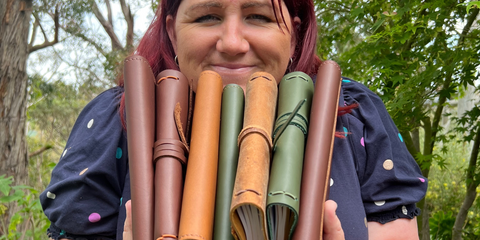 Jess our leather architect who creates each and every leather journal. She loves the smell of leather and making them by hand