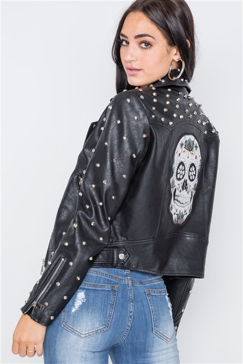 Ride On Black Studded Skull Vegan Leather Jacket – Luxe Label