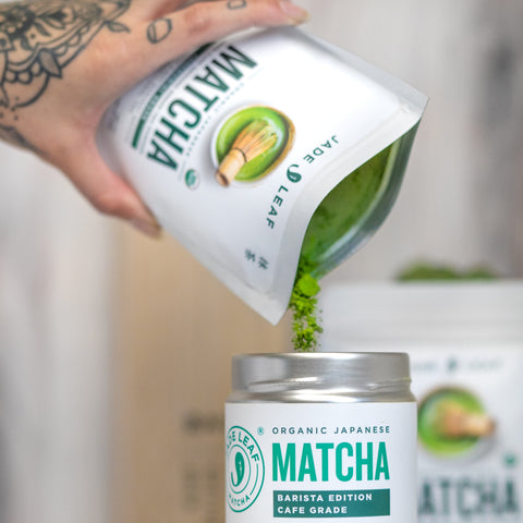 Matcha pouring into tin. Store matcha. How to store matcha. Storing matcha. How to keep matcha fresh.